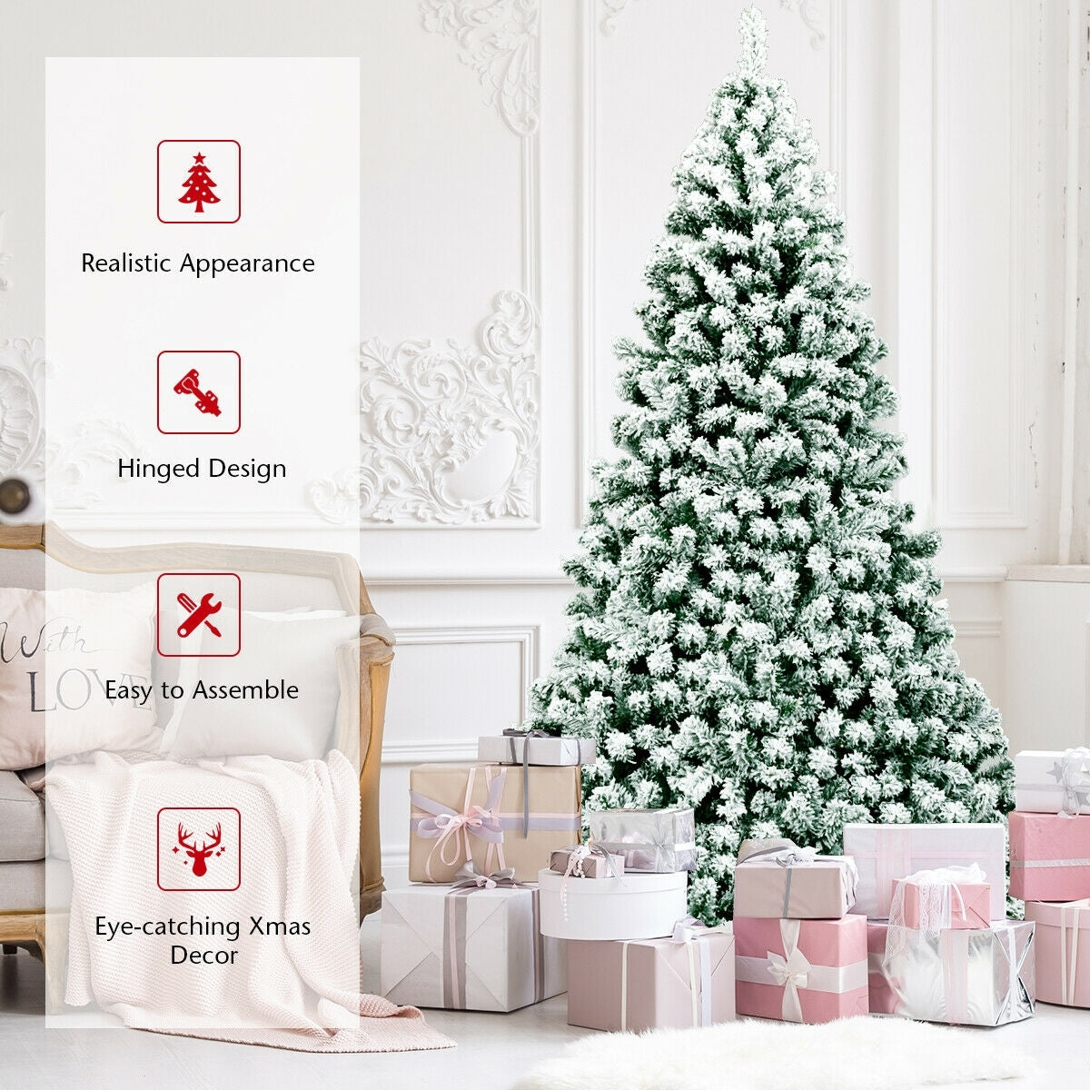 7.5 Feet Pre-Lit Premium Snow Flocked Hinged Artificial Christmas Tree with 550 Lights-Christmas Trees-DECOROLALA