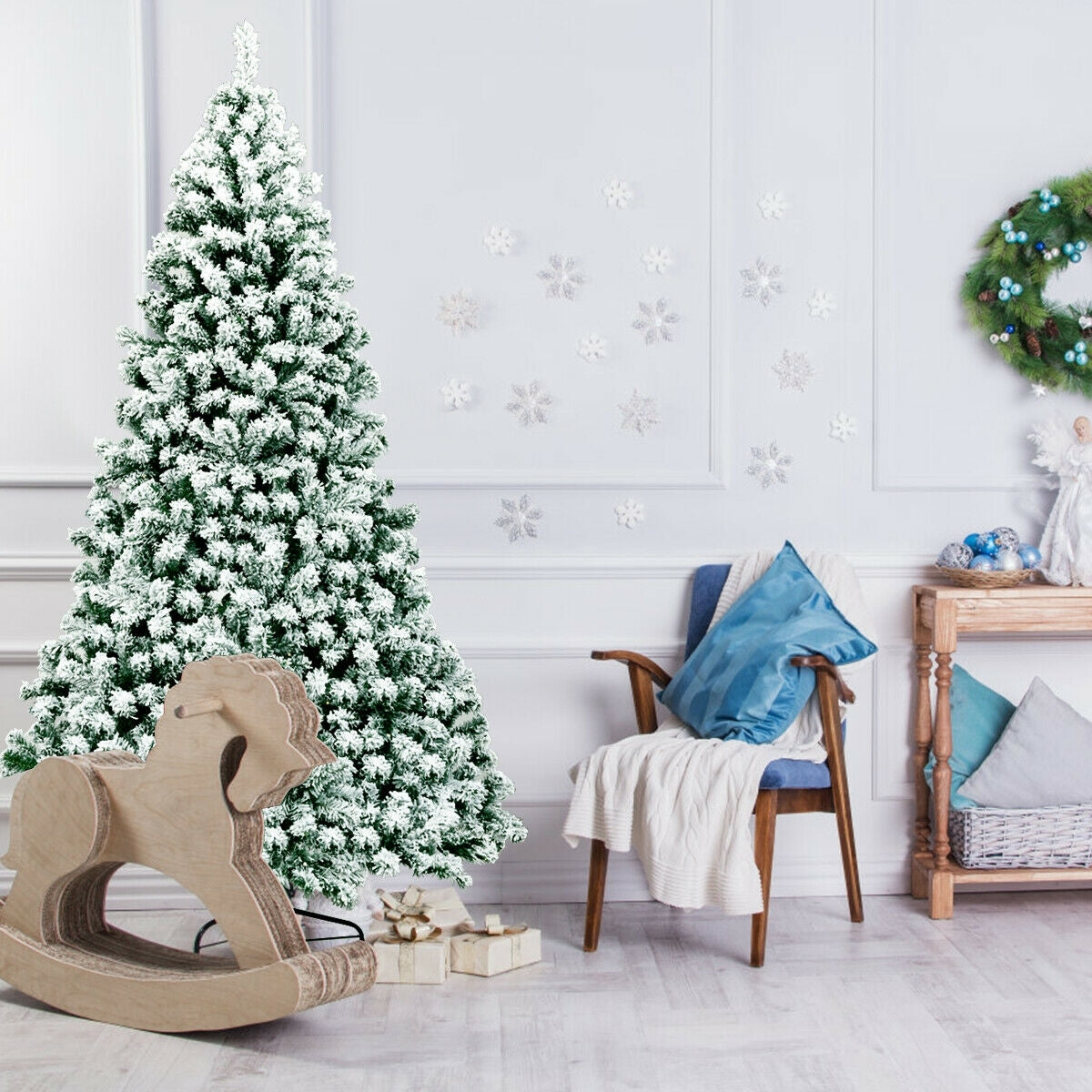 7.5 Feet Pre-Lit Premium Snow Flocked Hinged Artificial Christmas Tree with 550 Lights-Christmas Trees-DECOROLALA
