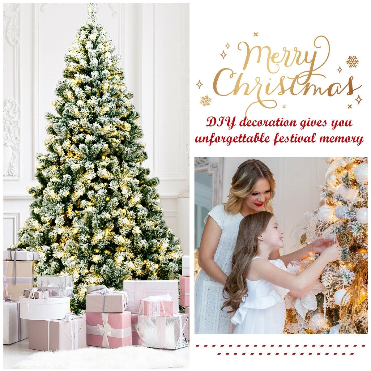 7.5 Feet Pre-Lit Premium Snow Flocked Hinged Artificial Christmas Tree with 550 Lights-Christmas Trees-DECOROLALA