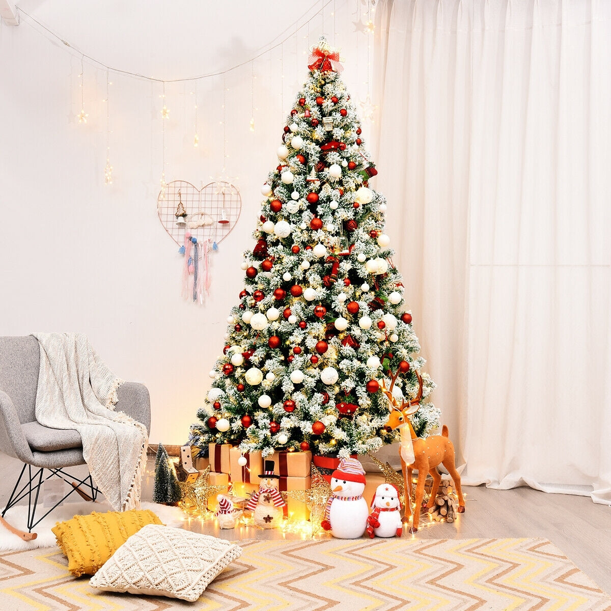 7.5 Feet Pre-Lit Premium Snow Flocked Hinged Artificial Christmas Tree with 550 Lights-Christmas Trees-DECOROLALA