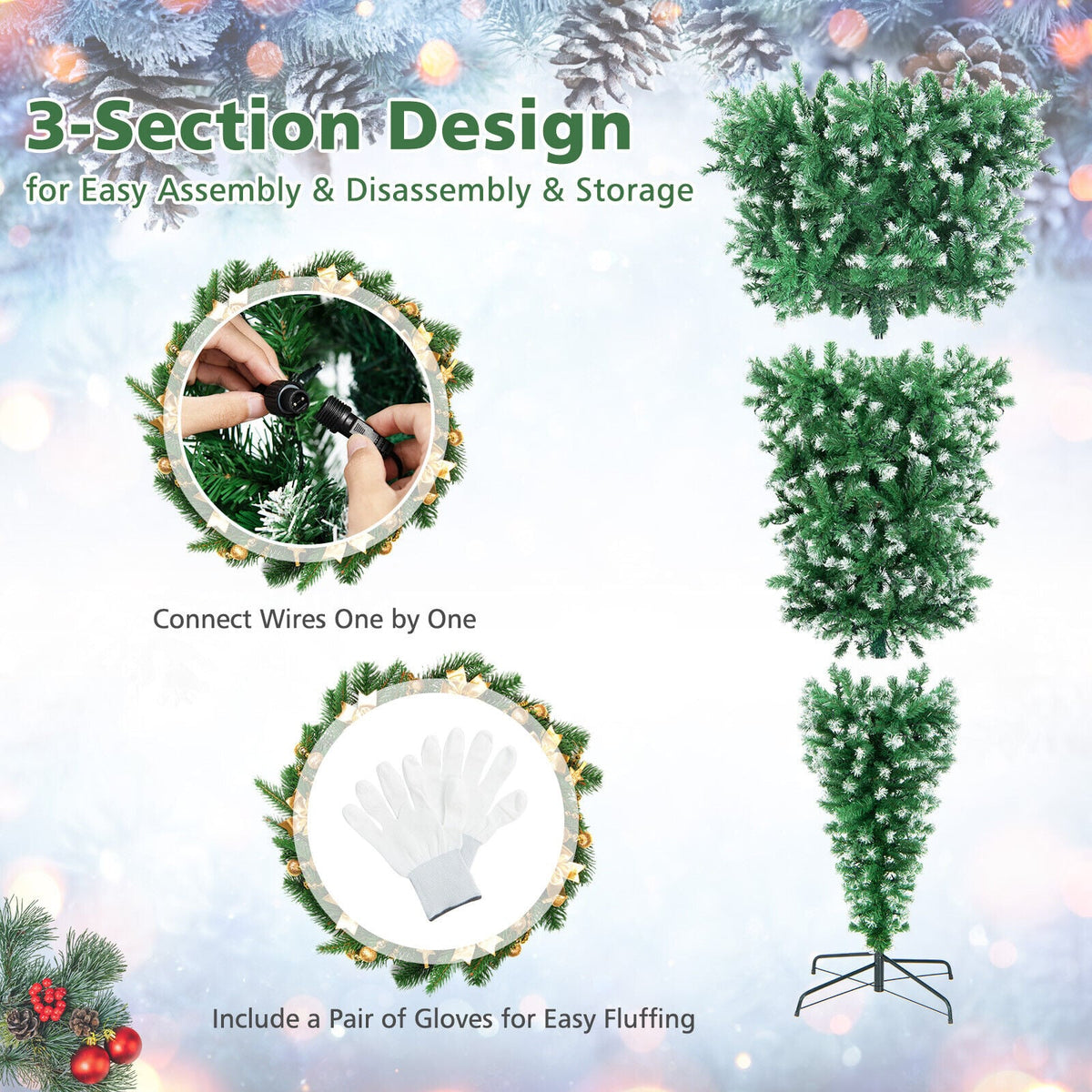 7.5 Feet Pre-Lit Snowy Upside Down Christmas Tree 1100 Tips-Christmas Trees-DECOROLALA