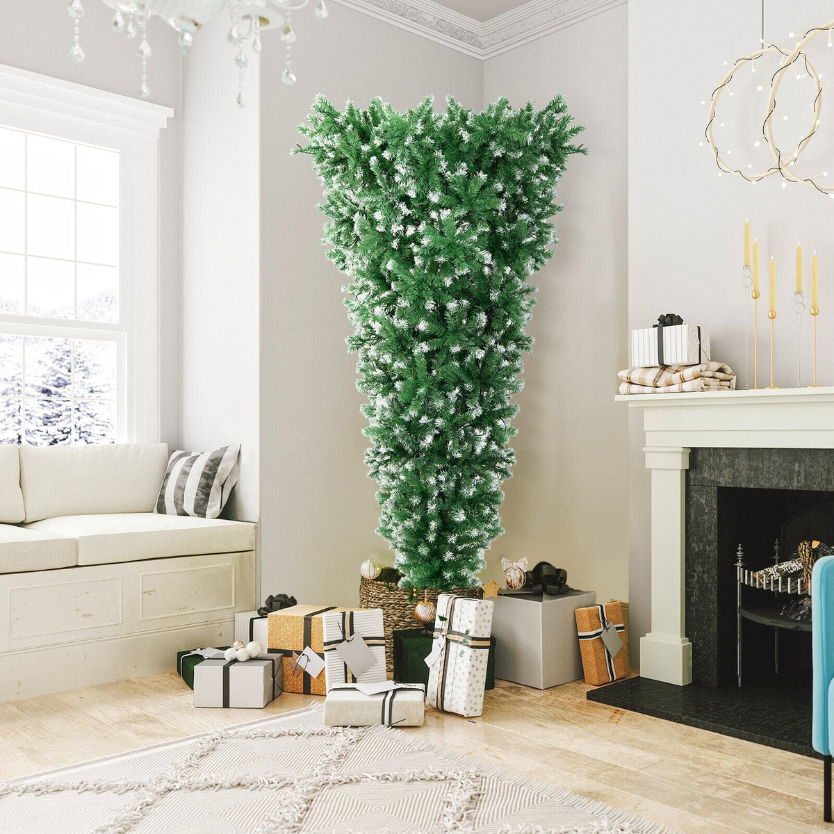 7.5 Feet Pre-Lit Snowy Upside Down Christmas Tree 1100 Tips-Christmas Trees-DECOROLALA