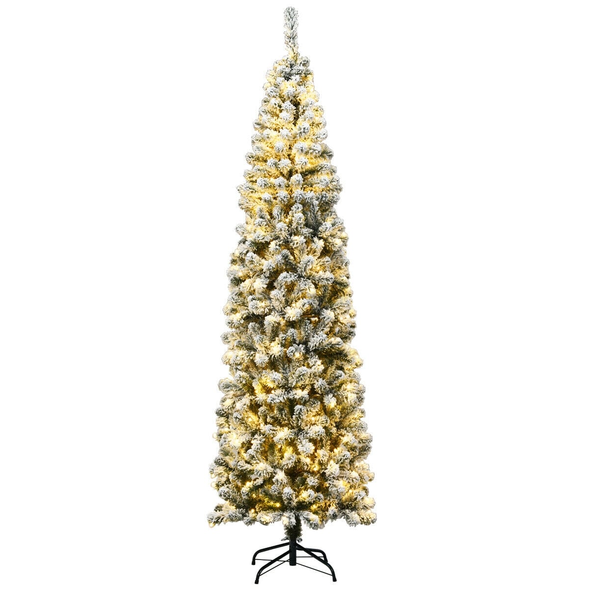 7.5 Feet Pre-lit Snow Flocked Artificial Pencil Christmas Tree with LED Lights-Christmas Trees-DECOROLALA