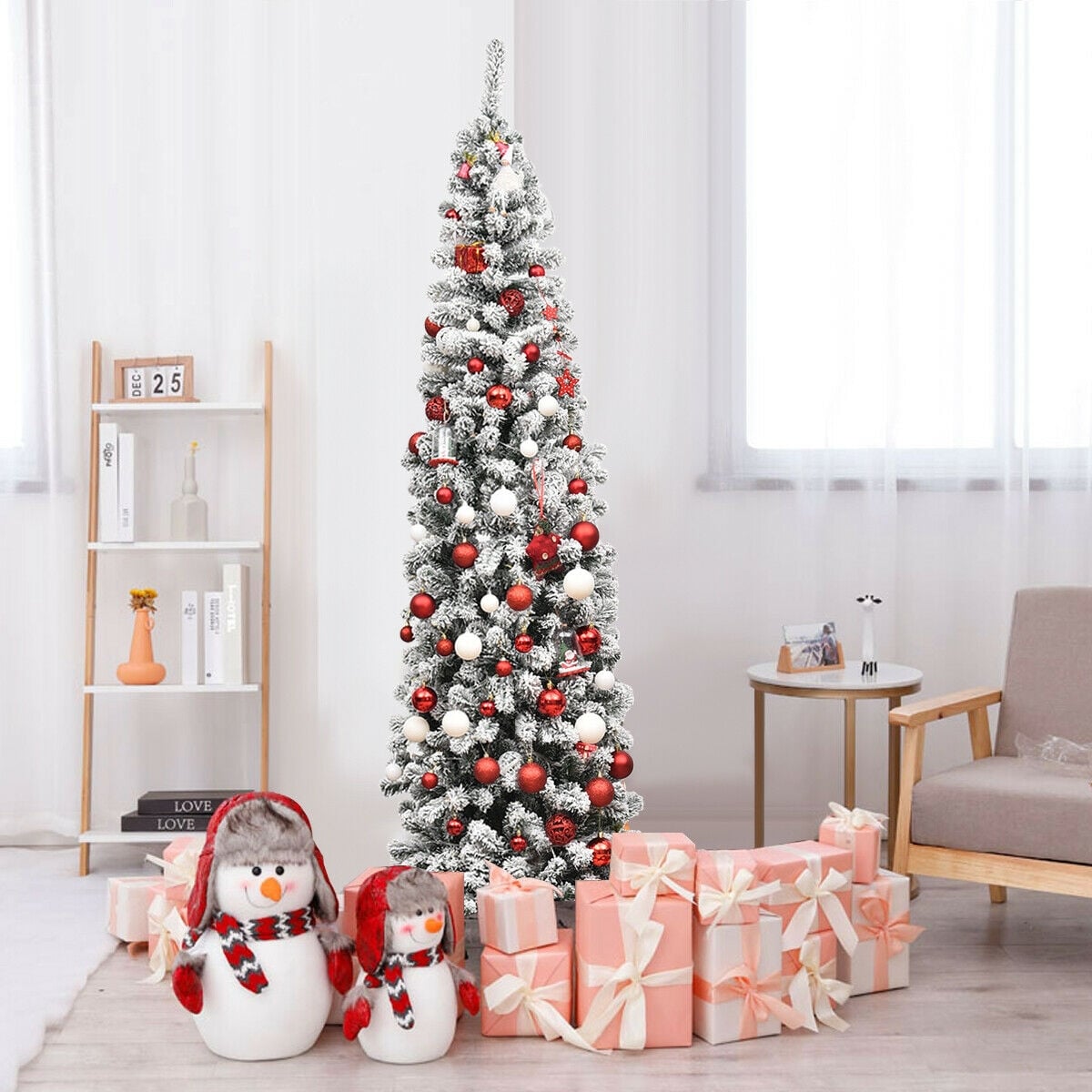 7.5 Feet Pre-lit Snow Flocked Artificial Pencil Christmas Tree with LED Lights-Christmas Trees-DECOROLALA