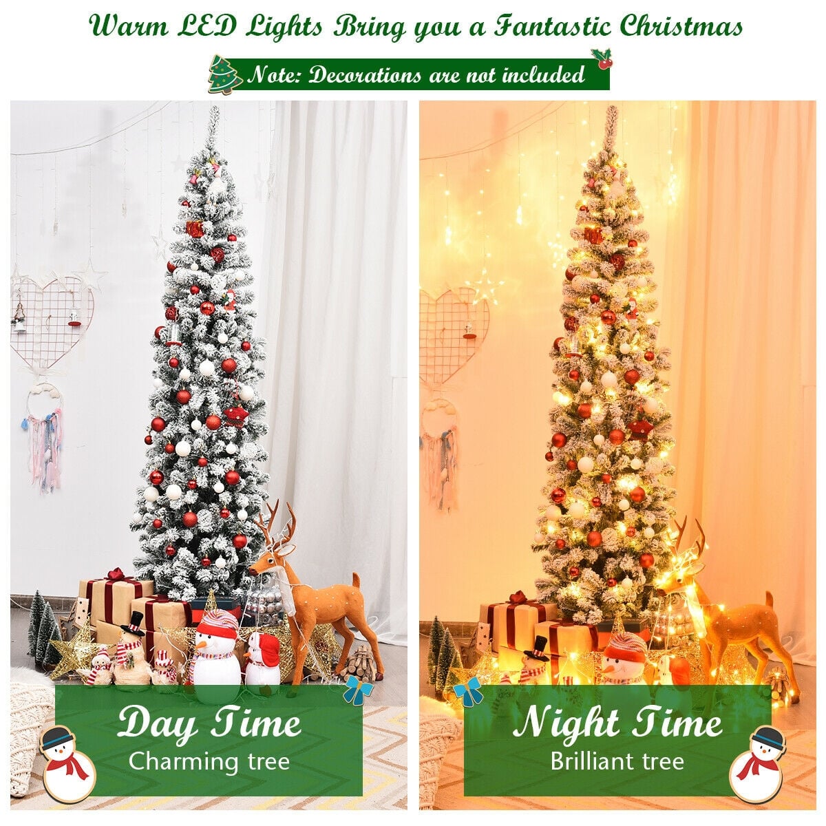 7.5 Feet Pre-lit Snow Flocked Artificial Pencil Christmas Tree with LED Lights-Christmas Trees-DECOROLALA
