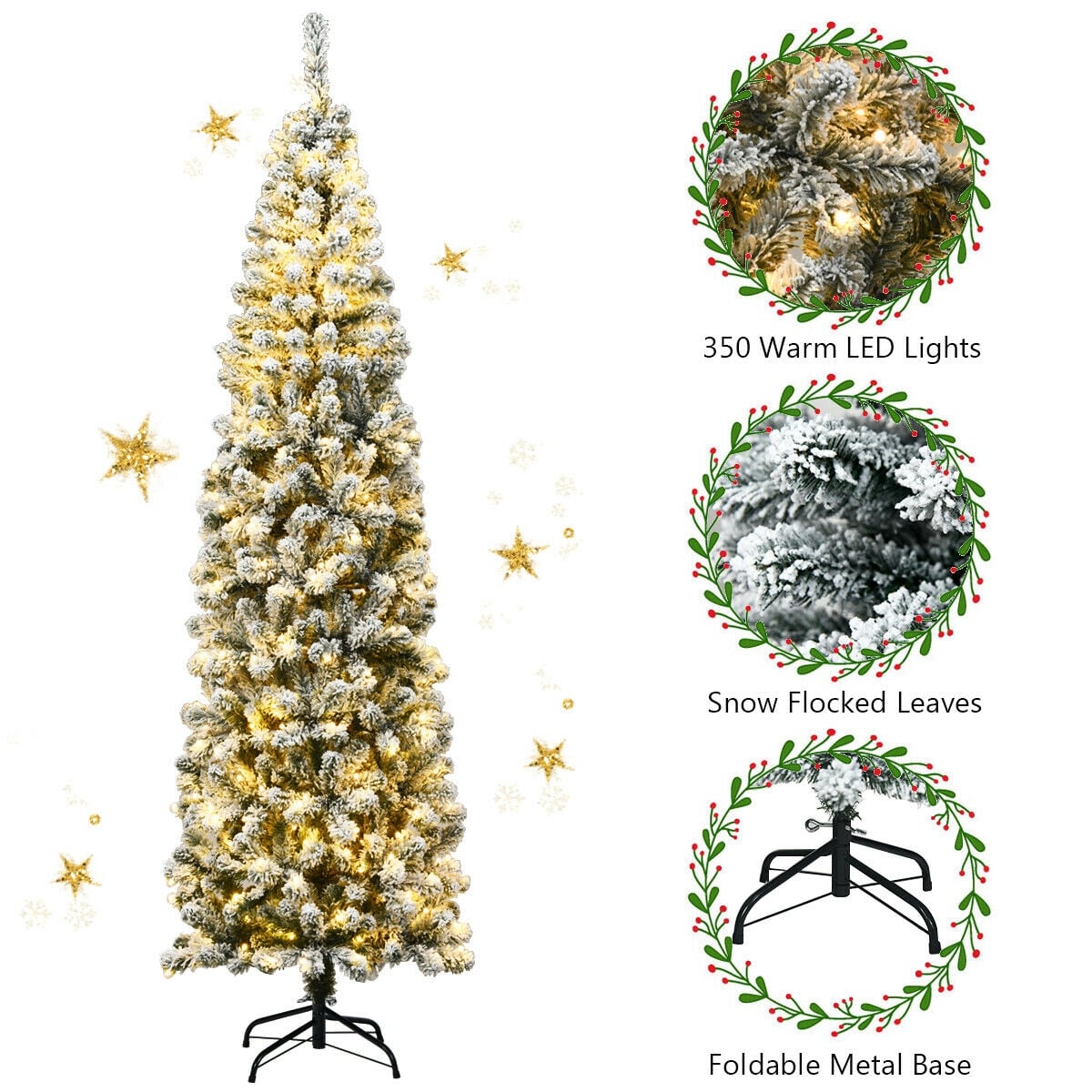 7.5 Feet Pre-lit Snow Flocked Artificial Pencil Christmas Tree with LED Lights-Christmas Trees-DECOROLALA