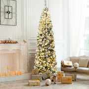 7.5 Feet Pre-lit Snow Flocked Artificial Pencil Christmas Tree with LED Lights-Christmas Trees-DECOROLALA