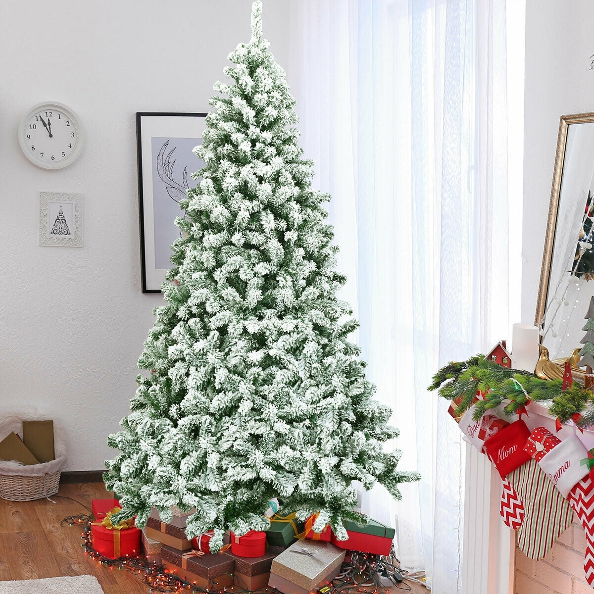 7.5 Feet Snow Flocked Artificial Christmas Tree Hinged with 1346 Tip and Foldable Base-Christmas Trees-DECOROLALA
