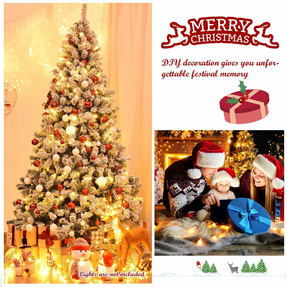 7.5 Feet Snow Flocked Artificial Christmas Tree Hinged with 1346 Tip and Foldable Base-Christmas Trees-DECOROLALA