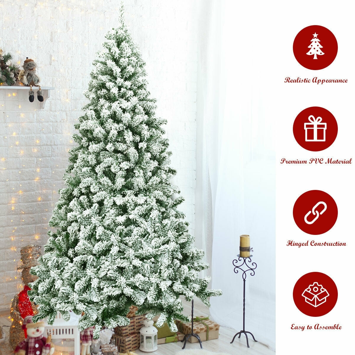 7.5 Feet Snow Flocked Artificial Christmas Tree Hinged with 1346 Tip and Foldable Base-Christmas Trees-DECOROLALA