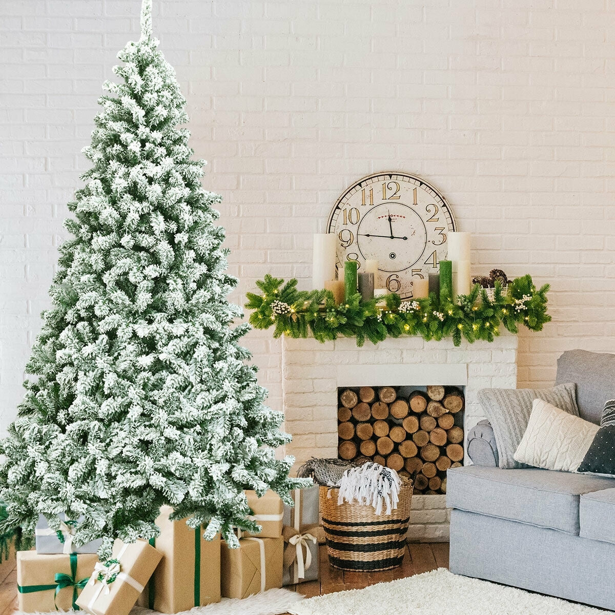 7.5 Feet Snow Flocked Artificial Christmas Tree Hinged with 1346 Tip and Foldable Base-Christmas Trees-DECOROLALA