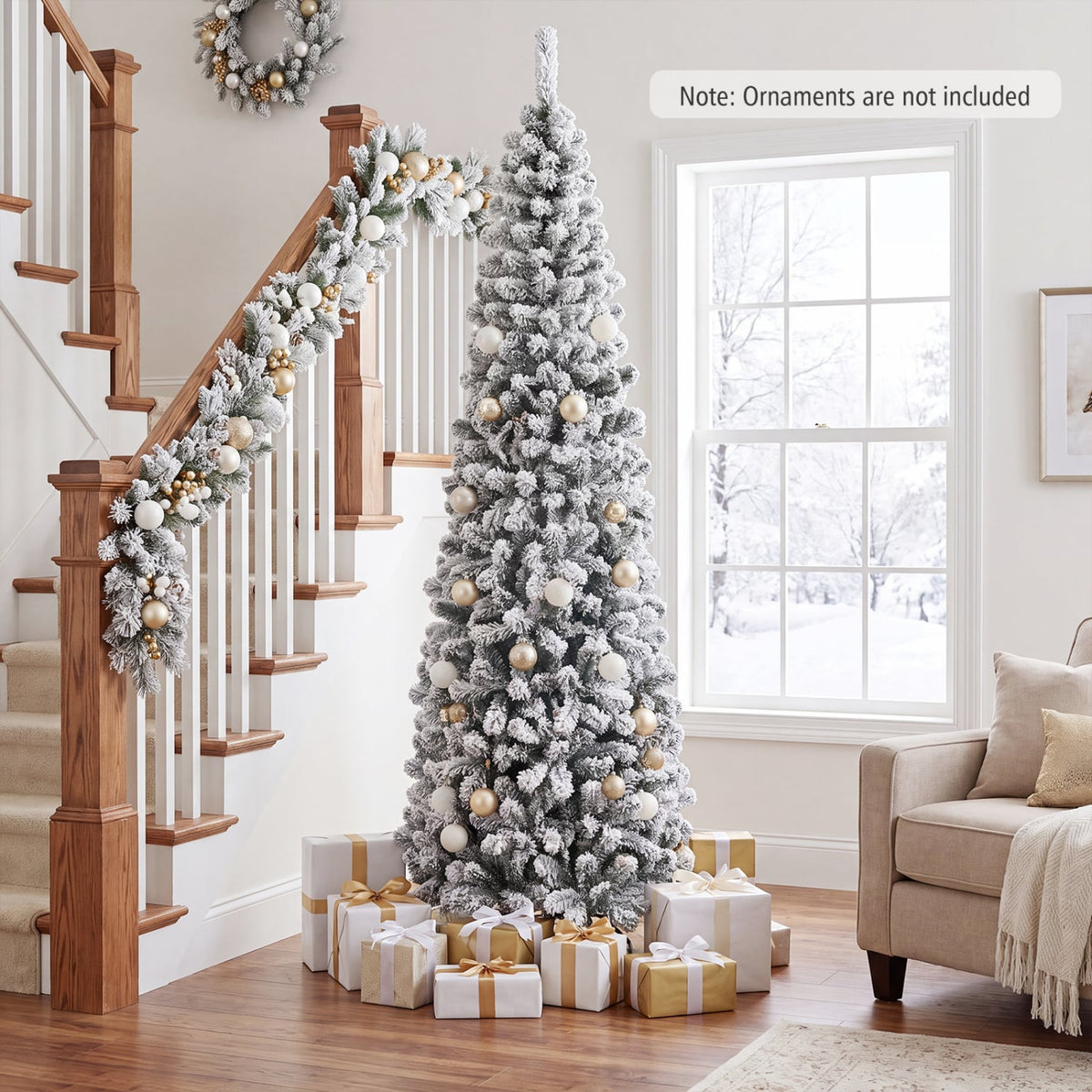 7.5 Feet Unlit Hinged Snow Flocked Artificial Pencil Christmas Tree with 641 Tips-Christmas Trees-DECOROLALA
