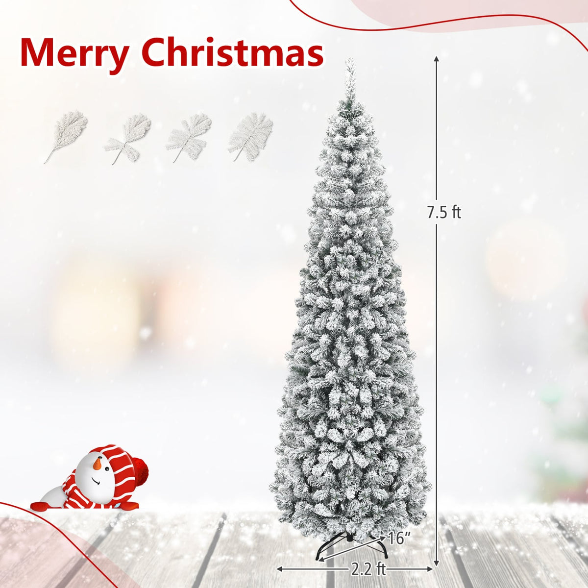 7.5 Feet Unlit Hinged Snow Flocked Artificial Pencil Christmas Tree with 641 Tips-Christmas Trees-DECOROLALA