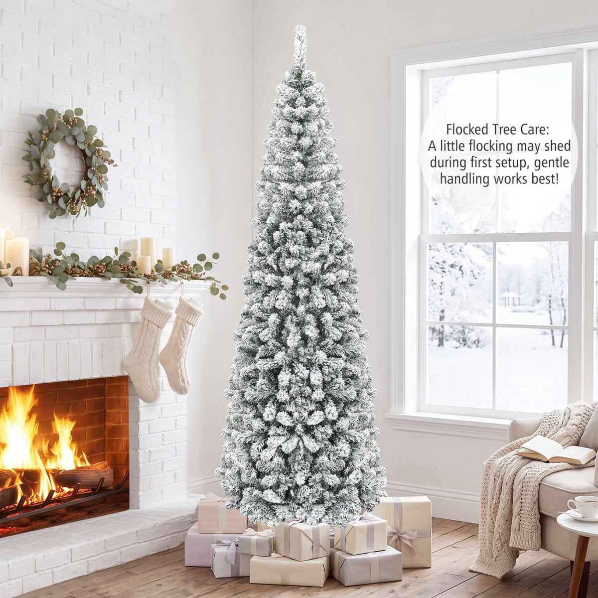 7.5 Feet Unlit Hinged Snow Flocked Artificial Pencil Christmas Tree with 641 Tips-Christmas Trees-DECOROLALA