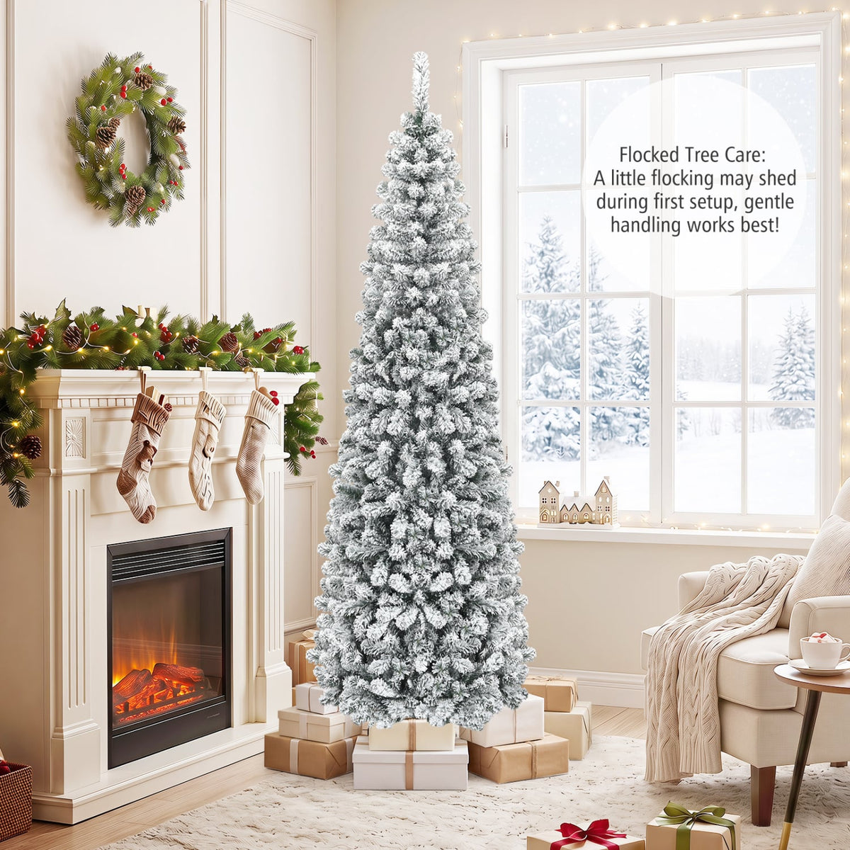 7.5 Feet Unlit Hinged Snow Flocked Artificial Pencil Christmas Tree with 641 Tips-Christmas Trees-DECOROLALA