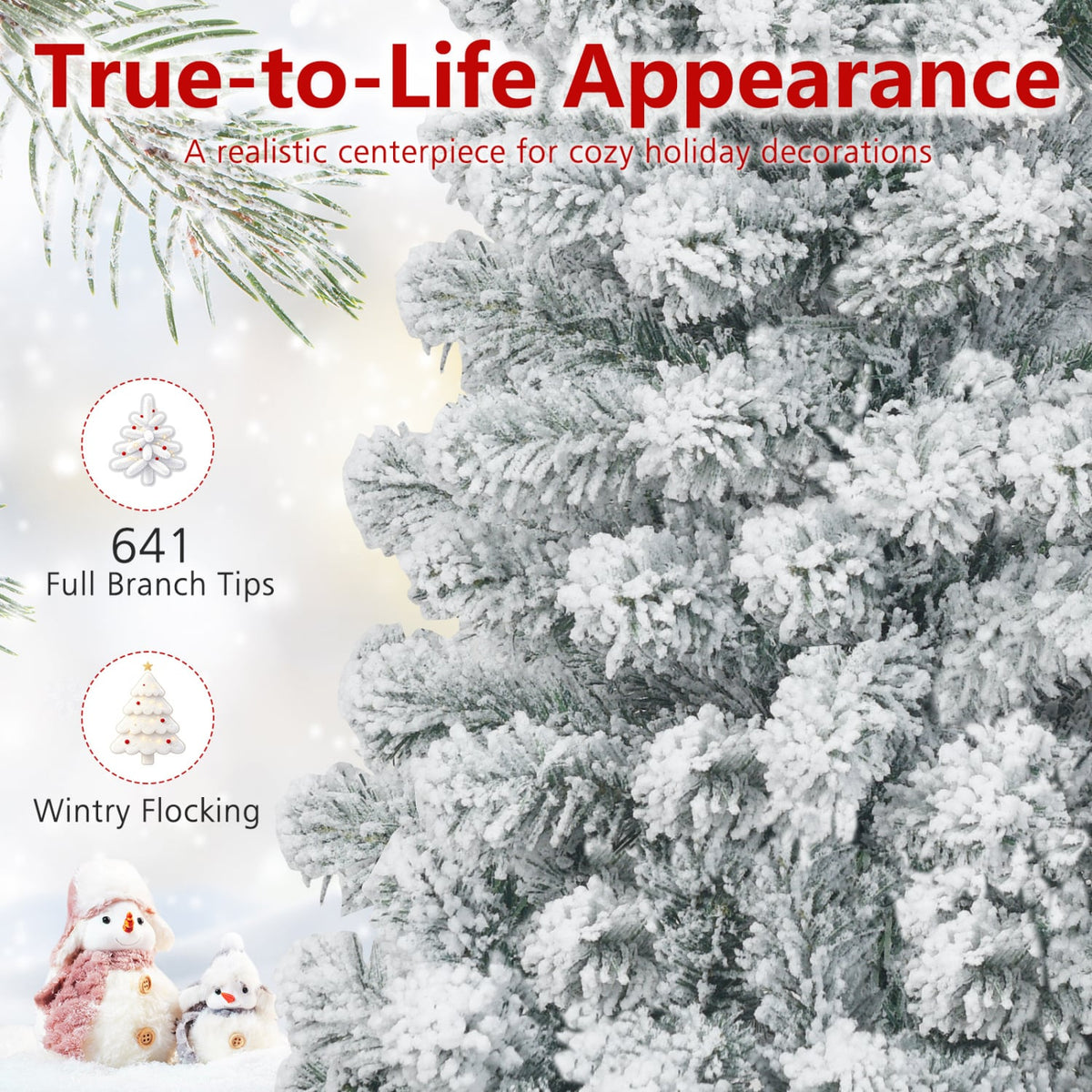7.5 Feet Unlit Hinged Snow Flocked Artificial Pencil Christmas Tree with 641 Tips-Christmas Trees-DECOROLALA