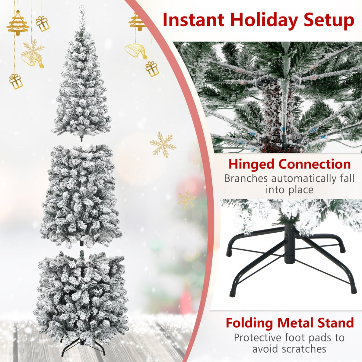 7.5 Feet Unlit Hinged Snow Flocked Artificial Pencil Christmas Tree with 641 Tips-Christmas Trees-DECOROLALA