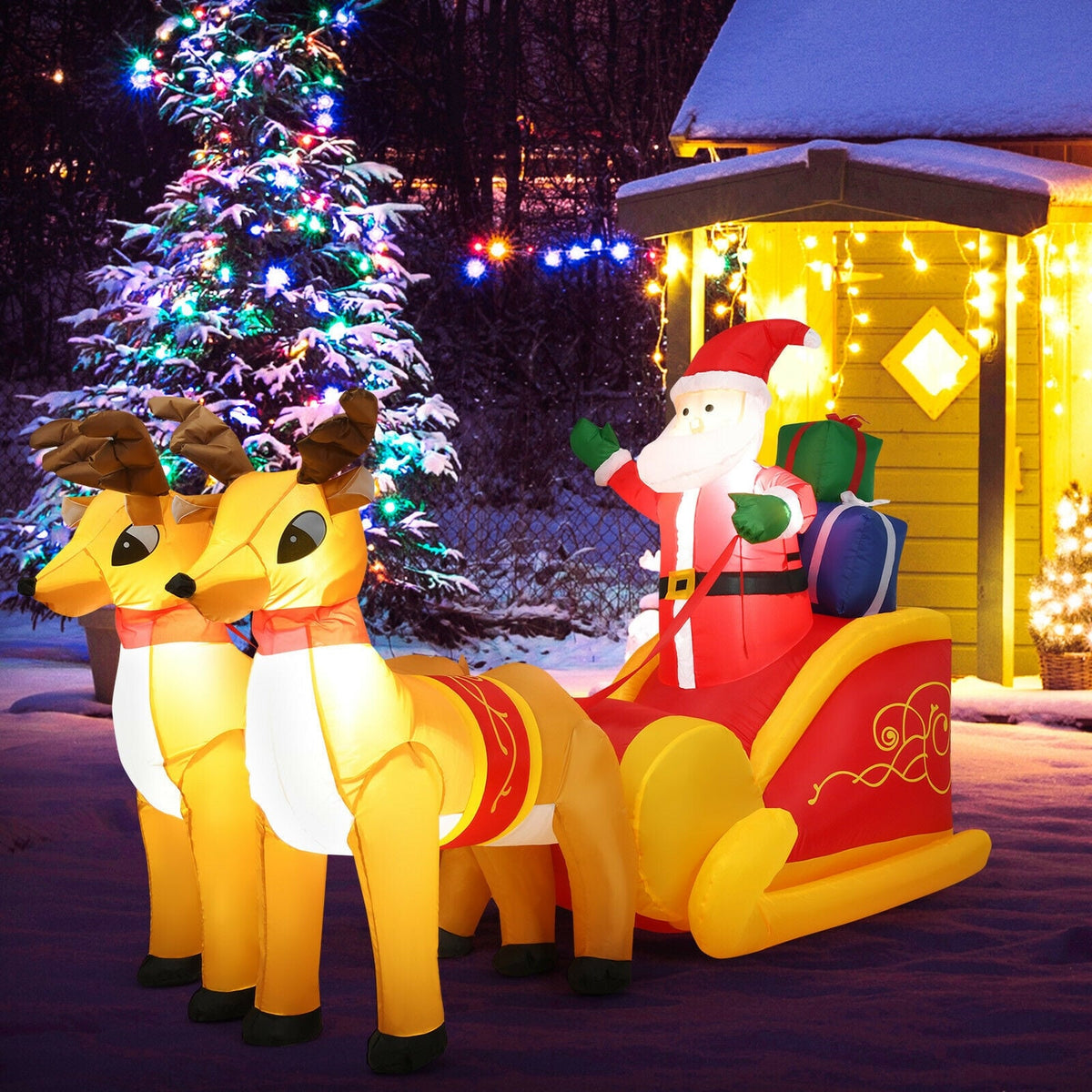 7.5 Feet Waterproof Outdoor Inflatable Santa with Double Deer and Sled-Christmas Inflatables-DECOROLALA
