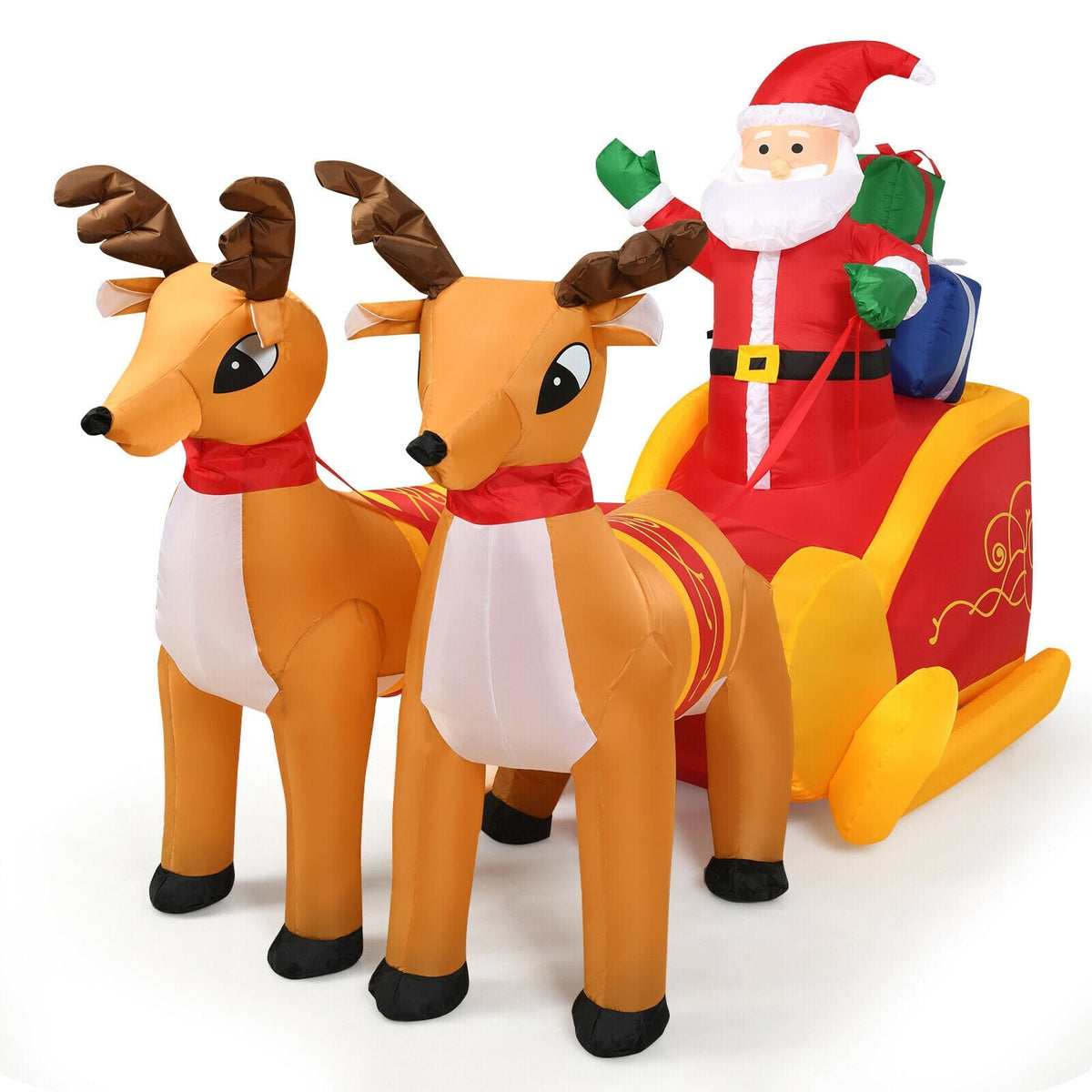 7.5 Feet Waterproof Outdoor Inflatable Santa with Double Deer and Sled-Christmas Inflatables-DECOROLALA