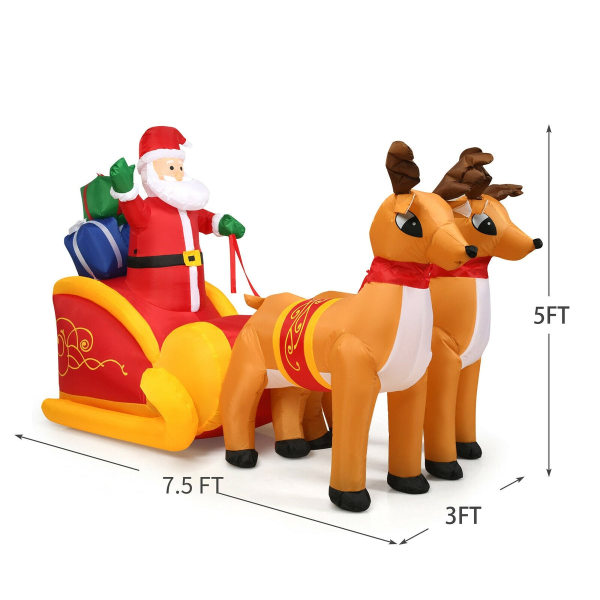 7.5 Feet Waterproof Outdoor Inflatable Santa with Double Deer and Sled-Christmas Inflatables-DECOROLALA
