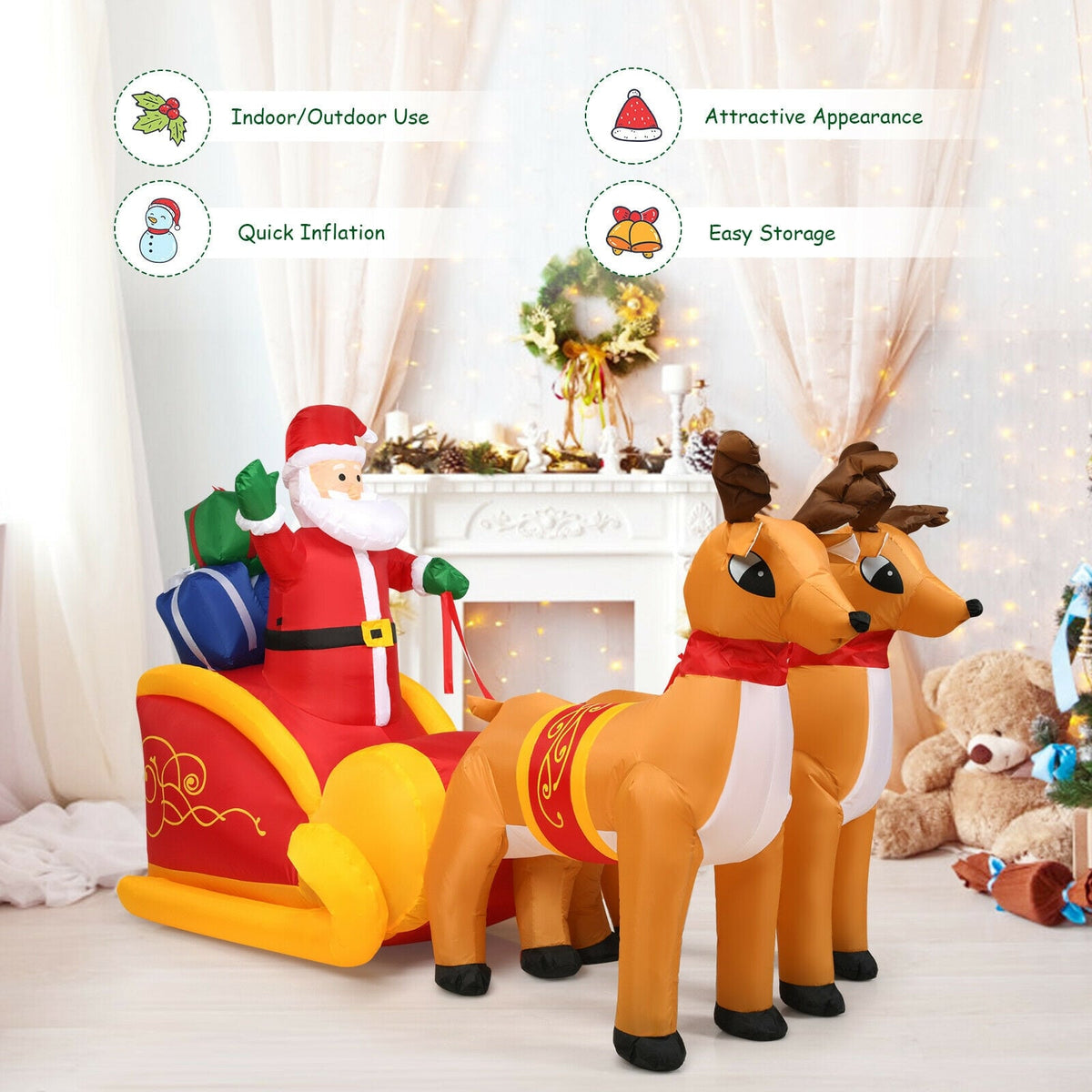 7.5 Feet Waterproof Outdoor Inflatable Santa with Double Deer and Sled-Christmas Inflatables-DECOROLALA
