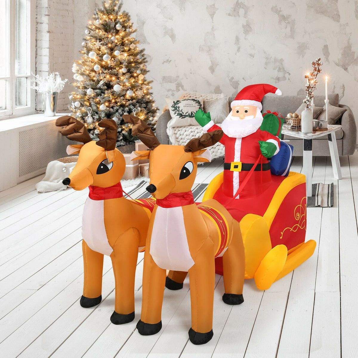 7.5 Feet Waterproof Outdoor Inflatable Santa with Double Deer and Sled-Christmas Inflatables-DECOROLALA