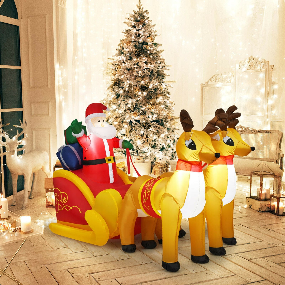 7.5 Feet Waterproof Outdoor Inflatable Santa with Double Deer and Sled-Christmas Inflatables-DECOROLALA
