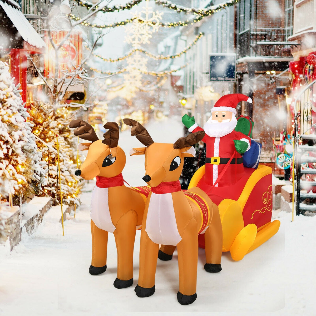 7.5 Feet Waterproof Outdoor Inflatable Santa with Double Deer and Sled-Christmas Inflatables-DECOROLALA