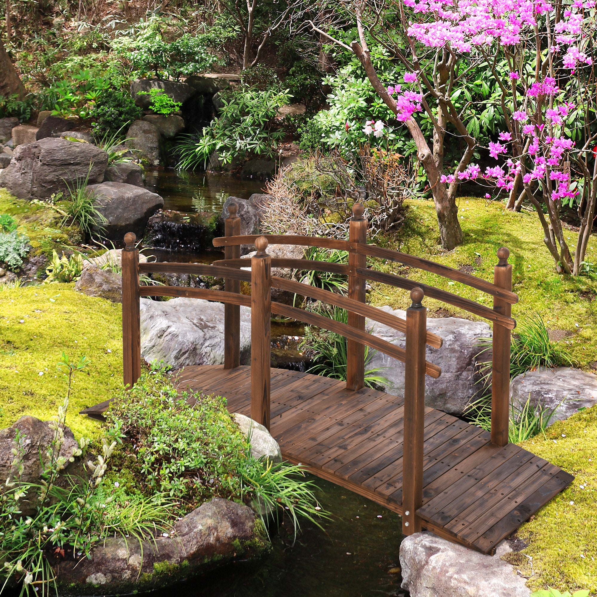 7.5' Fir Wood Garden Bridge Arc Walkway - Tan-DECOROLALA