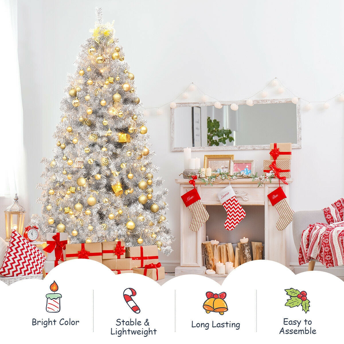 7.5 Ft Hinged Unlit Artificial Silver Tinsel Christmas Tree-Christmas Trees-DECOROLALA