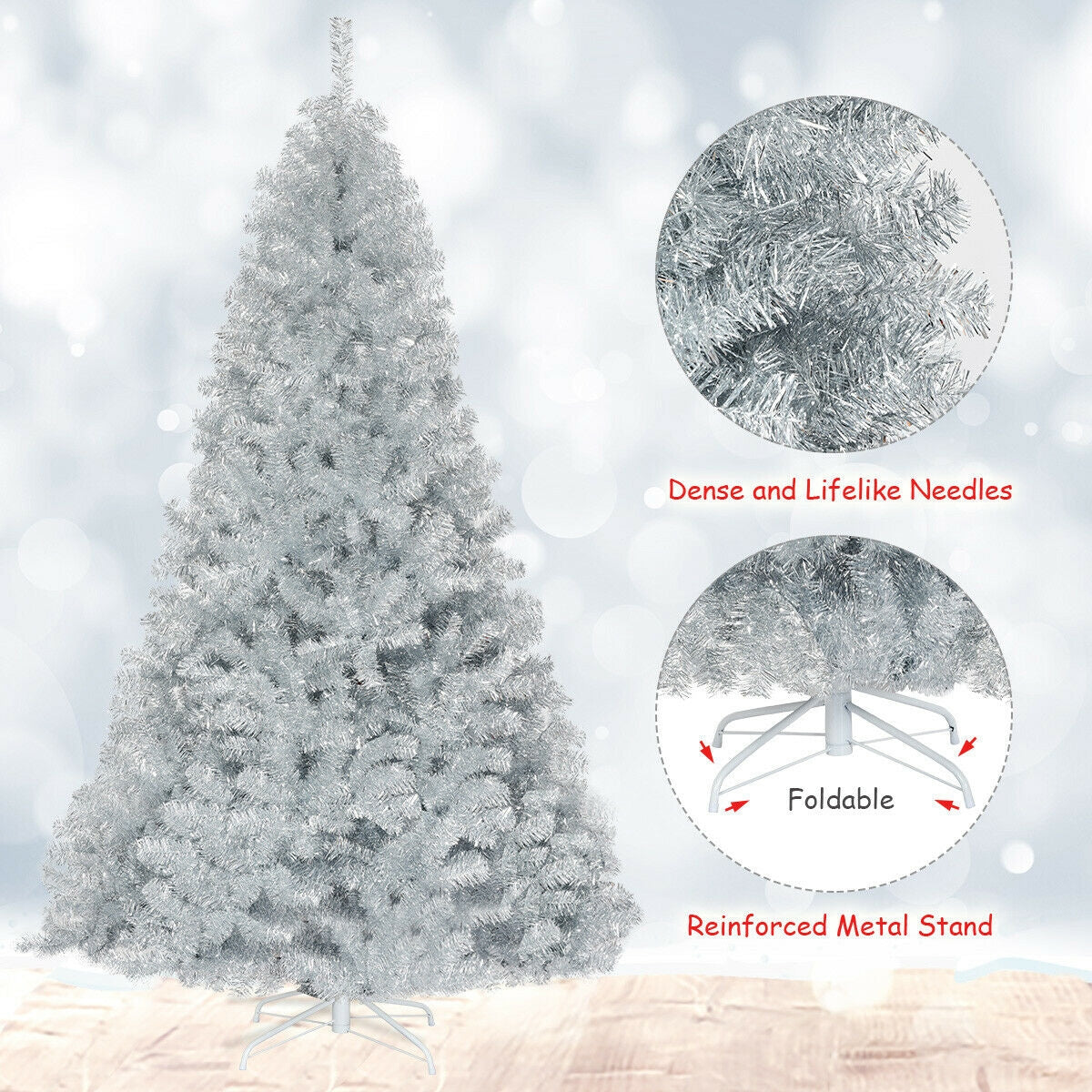 7.5 Ft Hinged Unlit Artificial Silver Tinsel Christmas Tree-Christmas Trees-DECOROLALA