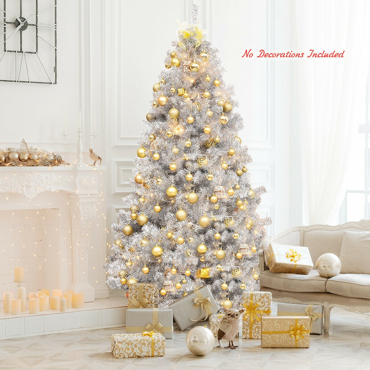 7.5 Ft Hinged Unlit Artificial Silver Tinsel Christmas Tree-Christmas Trees-DECOROLALA
