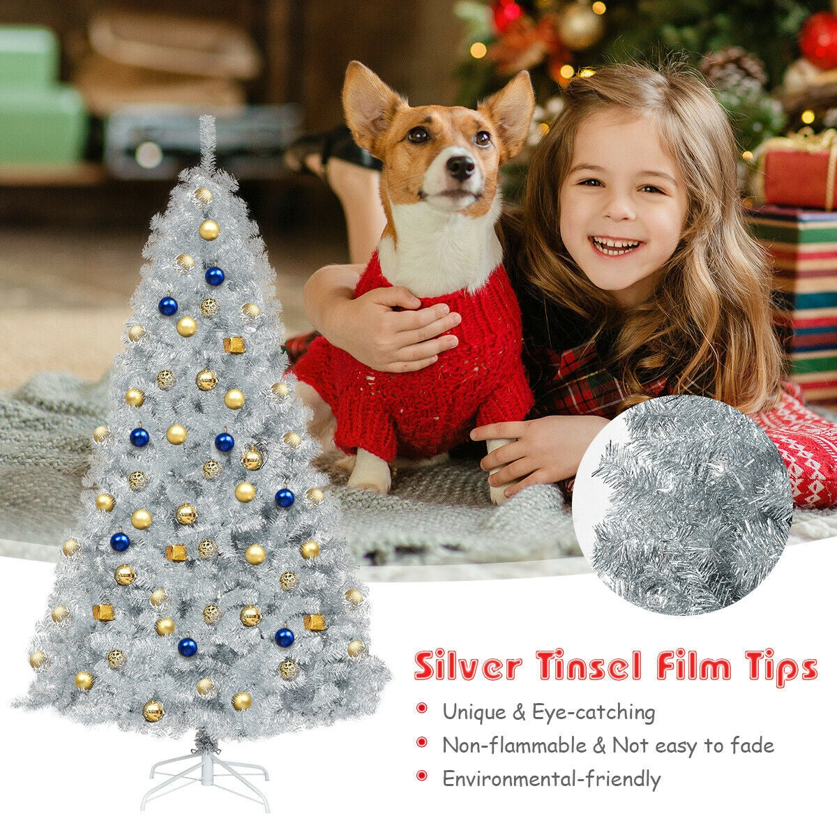 7.5 Ft Hinged Unlit Artificial Silver Tinsel Christmas Tree-Christmas Trees-DECOROLALA