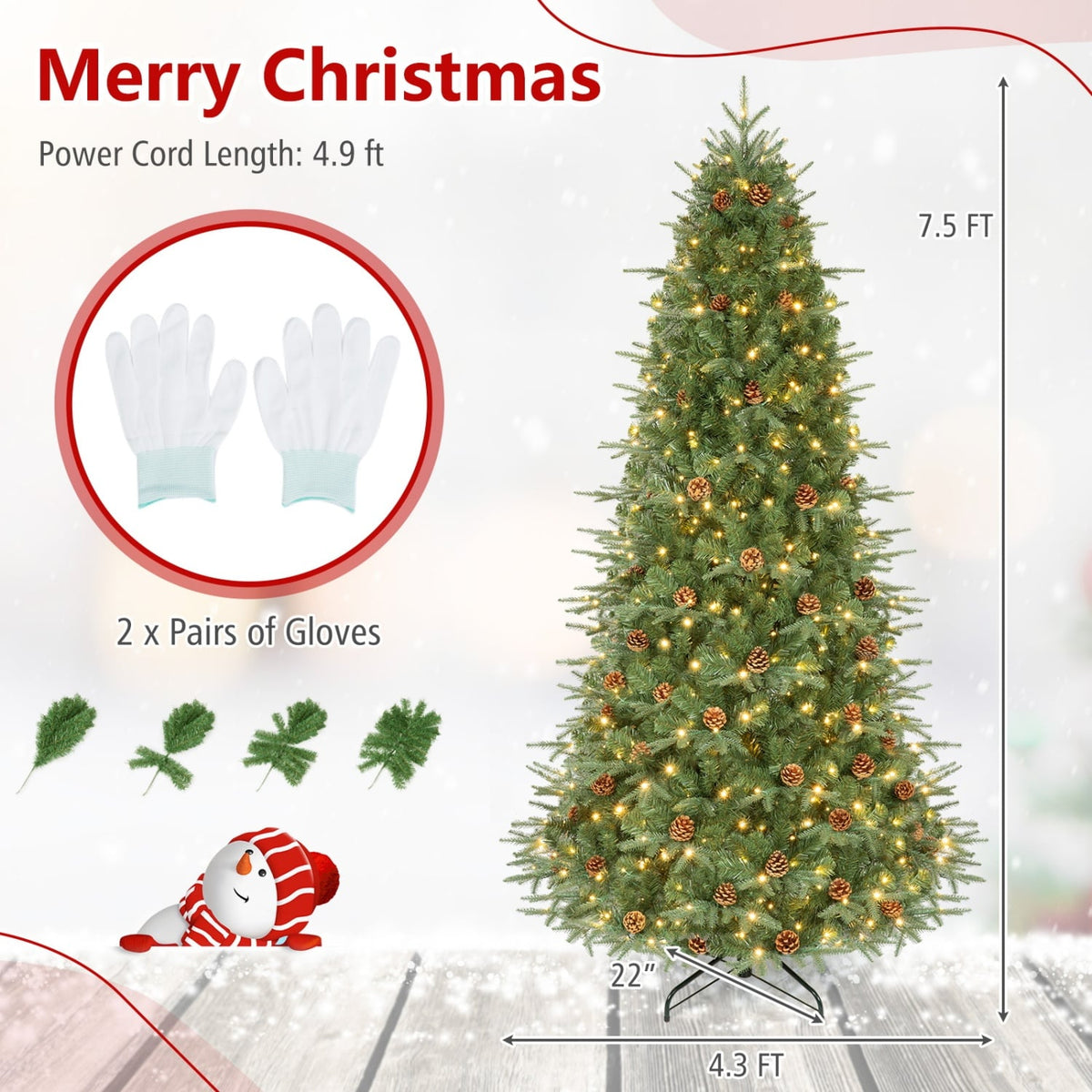 7.5 ft Artificial Christmas Tree with LED Lights and Pine Cones-Christmas Trees-DECOROLALA