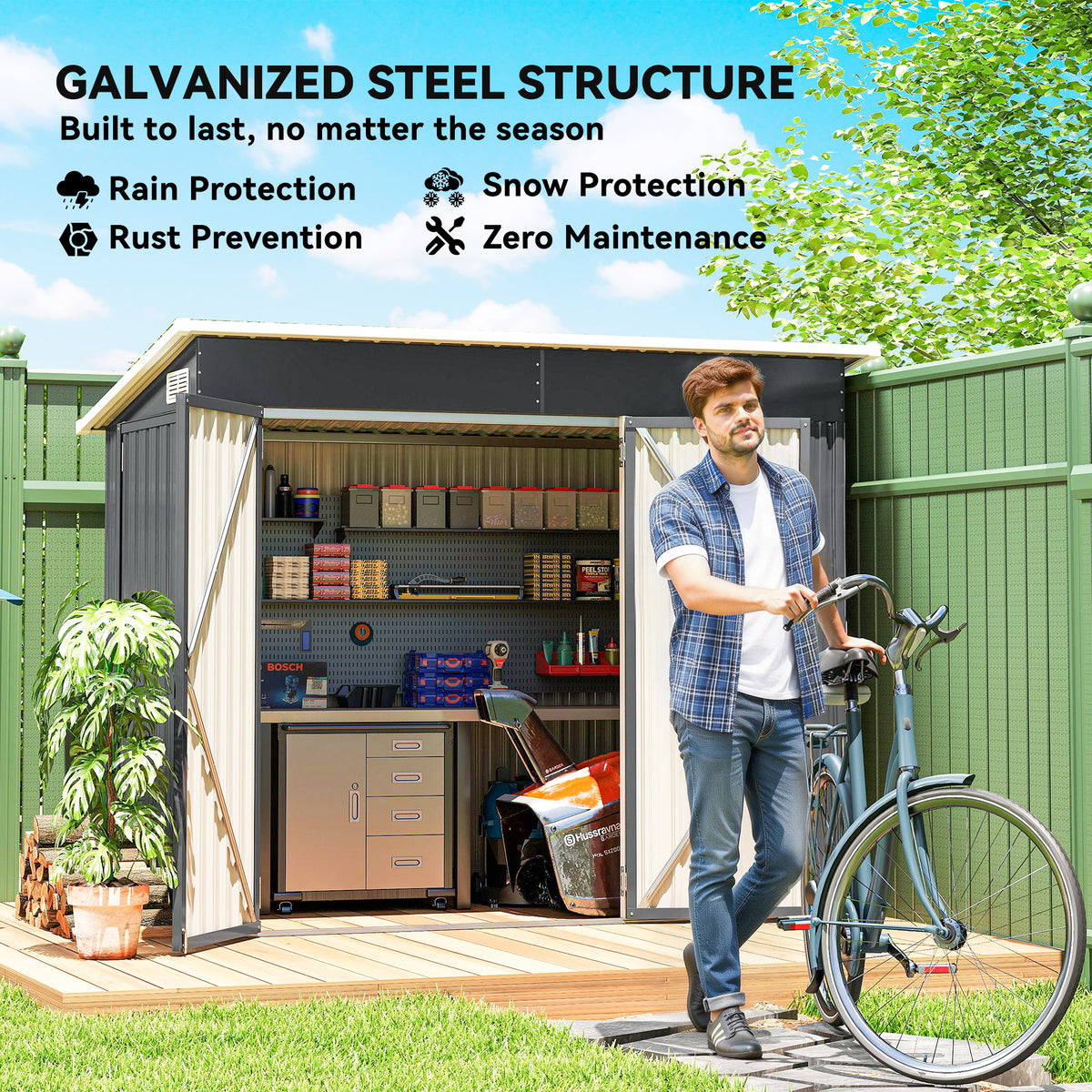 7.5' x 4.3' Metal Outdoor Storage Shed - Dark Grey-Storage Sheds-DECOROLALA