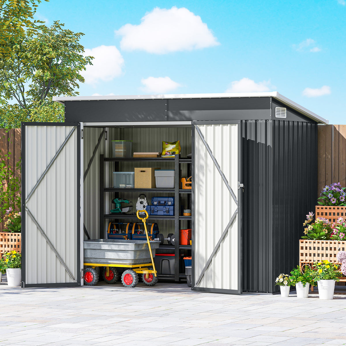 7.5' x 4.3' Metal Outdoor Storage Shed - Dark Grey-Storage Sheds-DECOROLALA