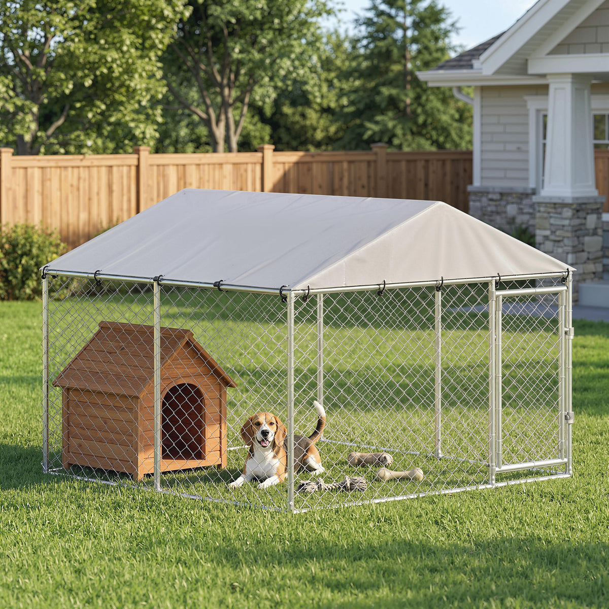 7.5' x 7.5' x 5.6' Outdoor Dog Kennel with UV-Resistant Roof - Silver-Dogs-DECOROLALA