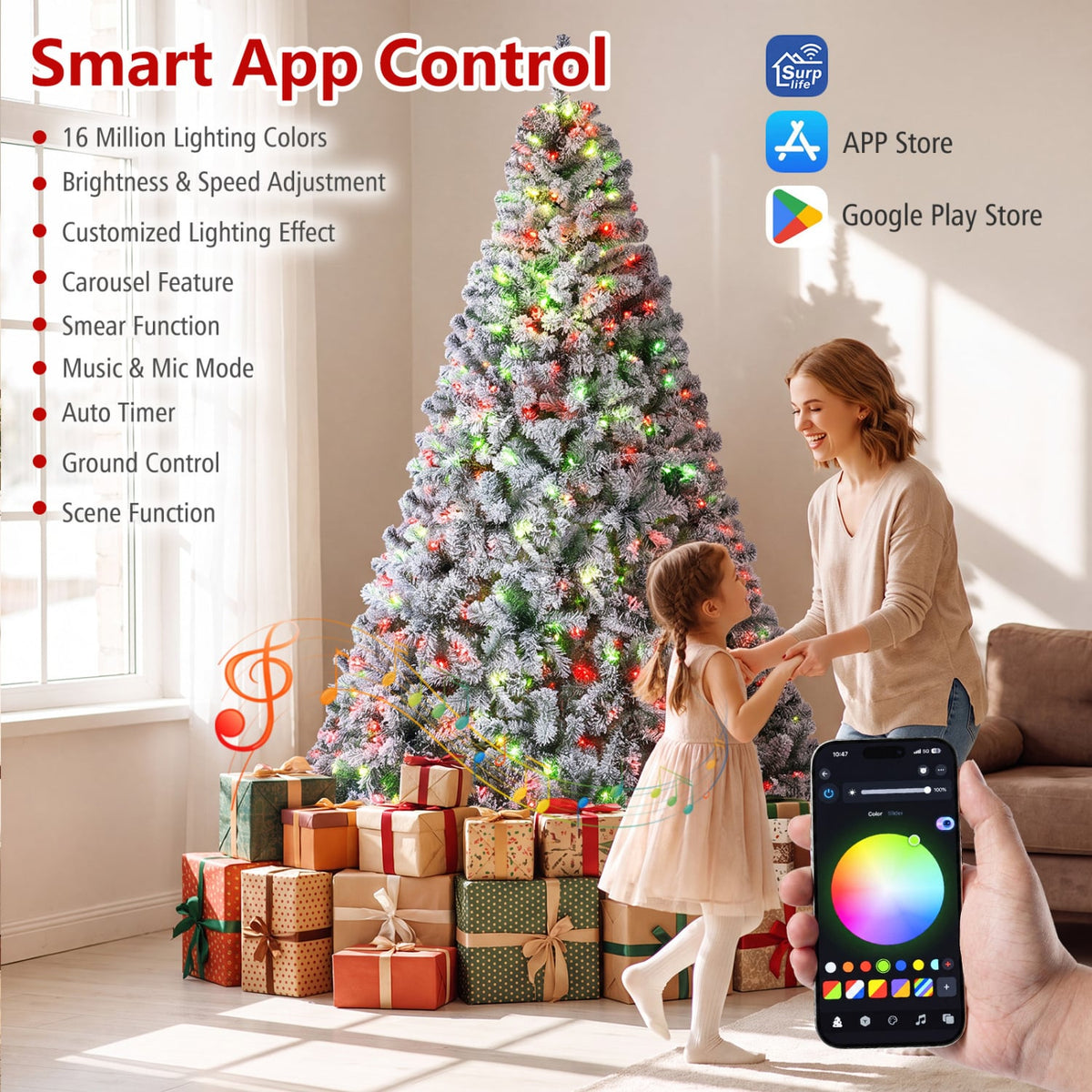 7.5/6 FT Smart Pencil Christmas Tree with APP Remote & RGB Lights and Music Sync-6FT-Christmas Trees-DECOROLALA
