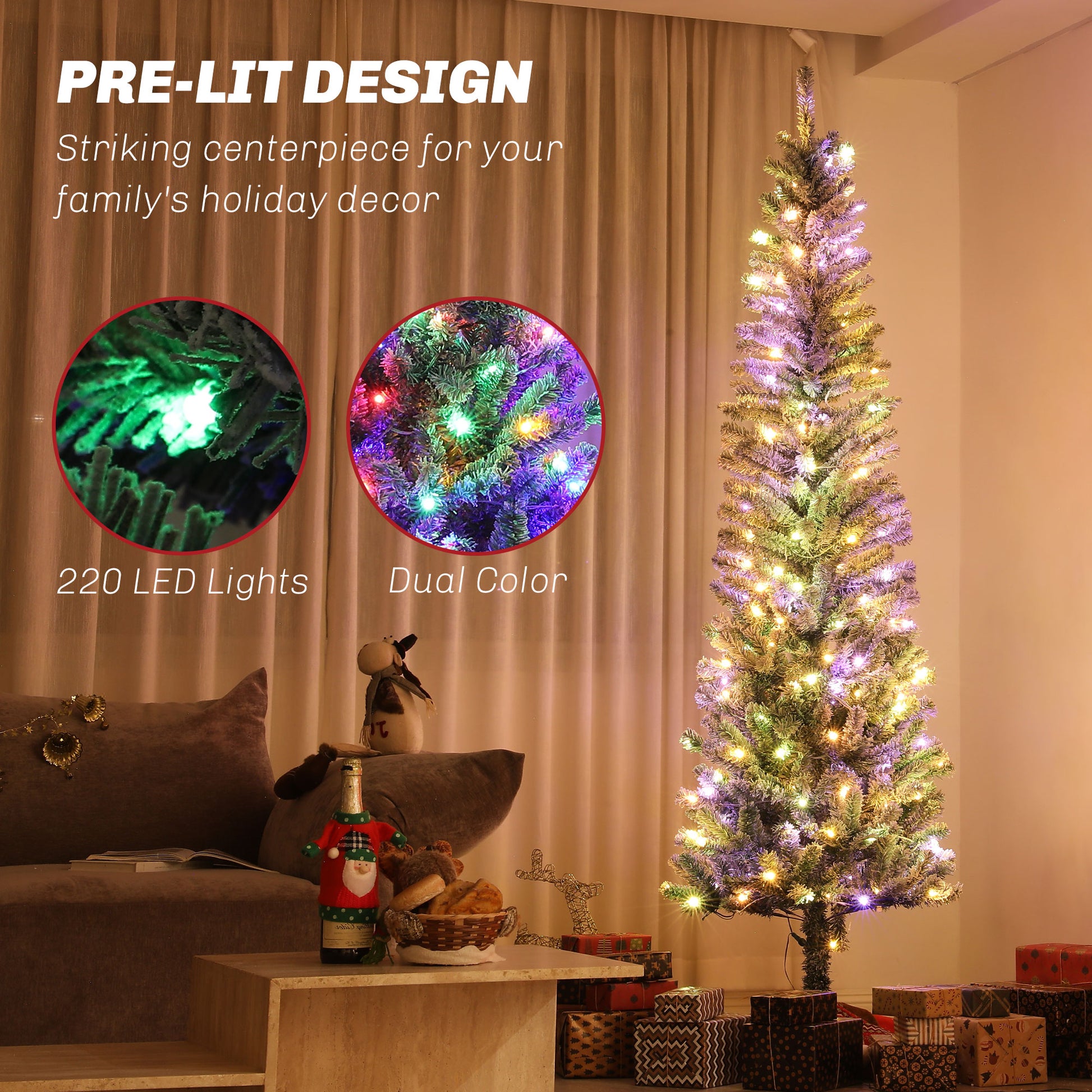 7.5ft Flocked Pencil Artificial Christmas Tree with Remote-Home Furnishings > Holiday & Seasonal > Christmas Trees > Pre Lit Christmas Trees-DECOROLALA