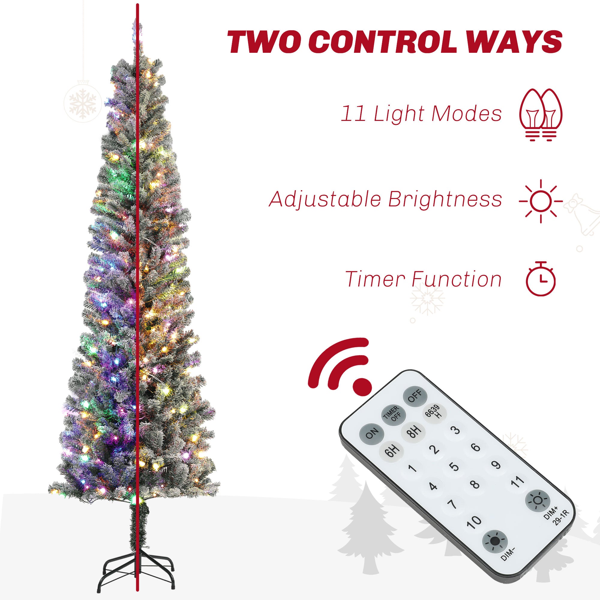 7.5ft Flocked Pencil Artificial Christmas Tree with Remote-Home Furnishings > Holiday & Seasonal > Christmas Trees > Pre Lit Christmas Trees-DECOROLALA