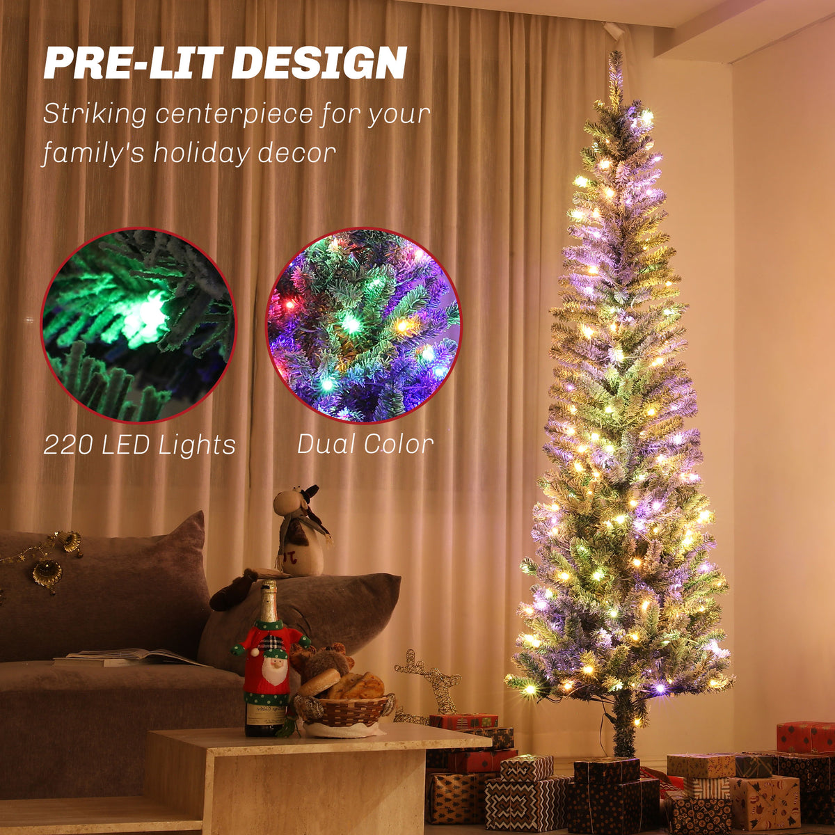 7.5ft Flocked Pencil Artificial Christmas Tree with Remote-Home Furnishings > Holiday & Seasonal > Christmas Trees > Pre Lit Christmas Trees-DECOROLALA