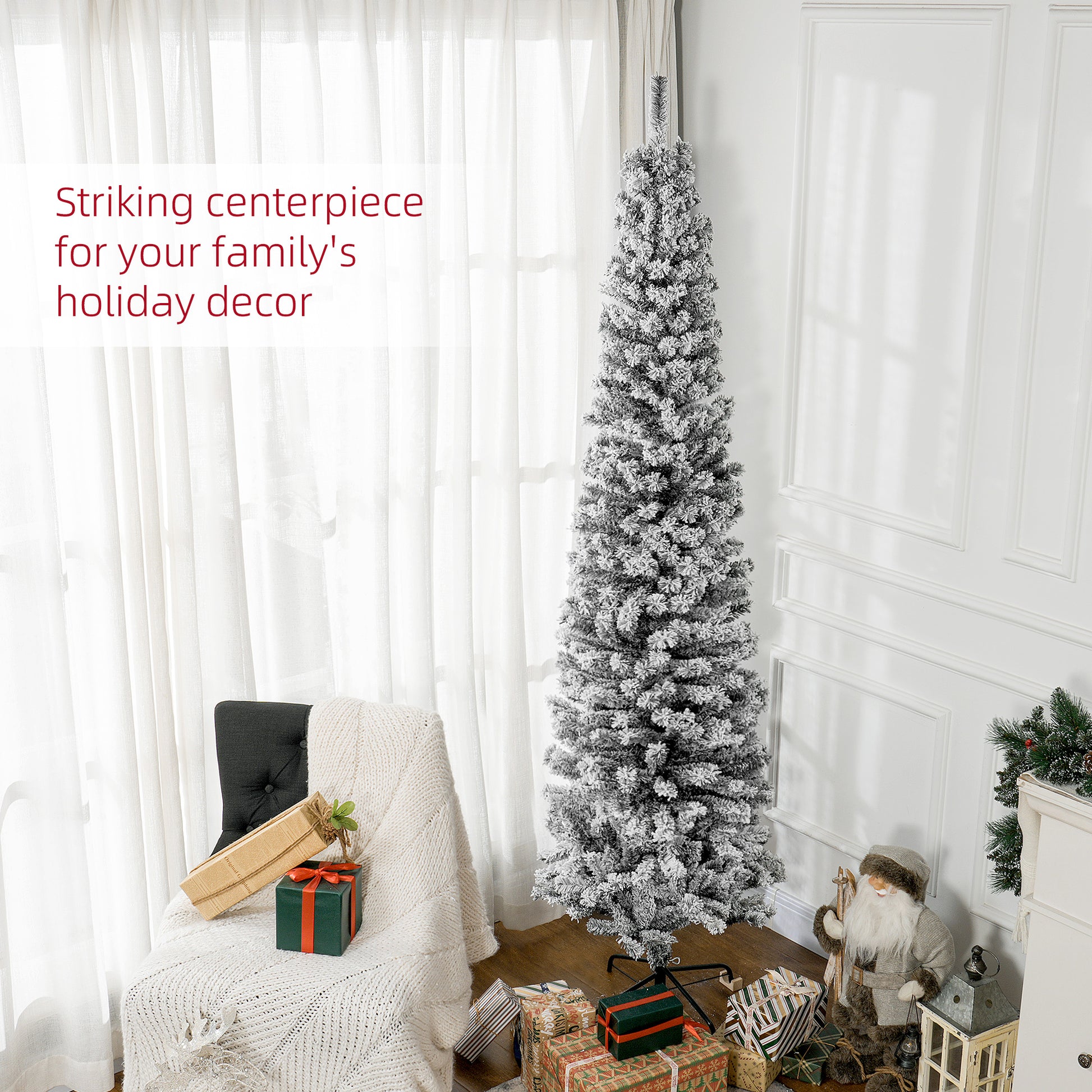 7.5ft Flocked Pencil Christmas Tree - Black 738 Tips-Home Furnishings > Holiday & Seasonal > Christmas Trees > Flocked Christmas Trees-DECOROLALA