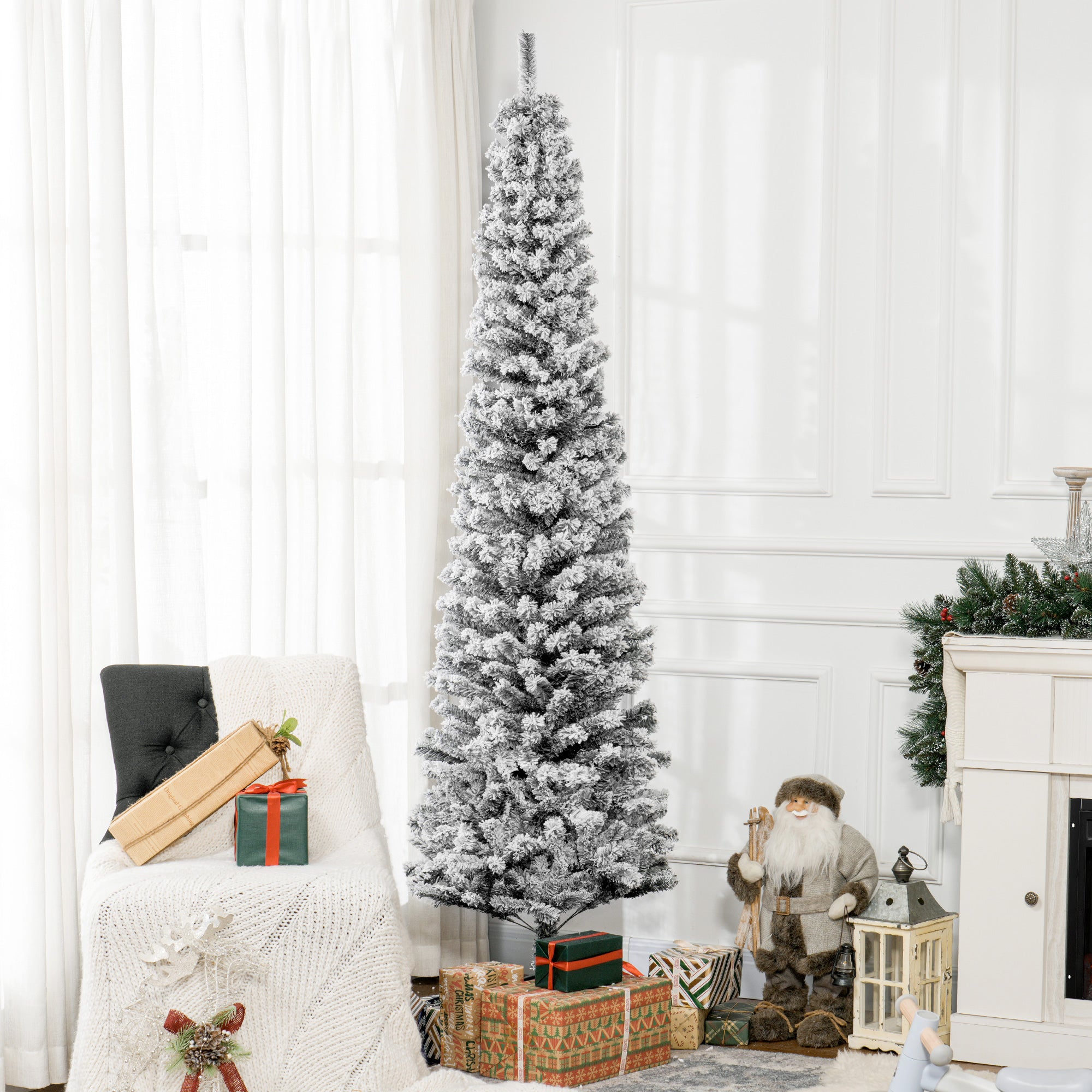 7.5ft Flocked Pencil Christmas Tree - Black 738 Tips-Home Furnishings > Holiday & Seasonal > Christmas Trees > Flocked Christmas Trees-DECOROLALA