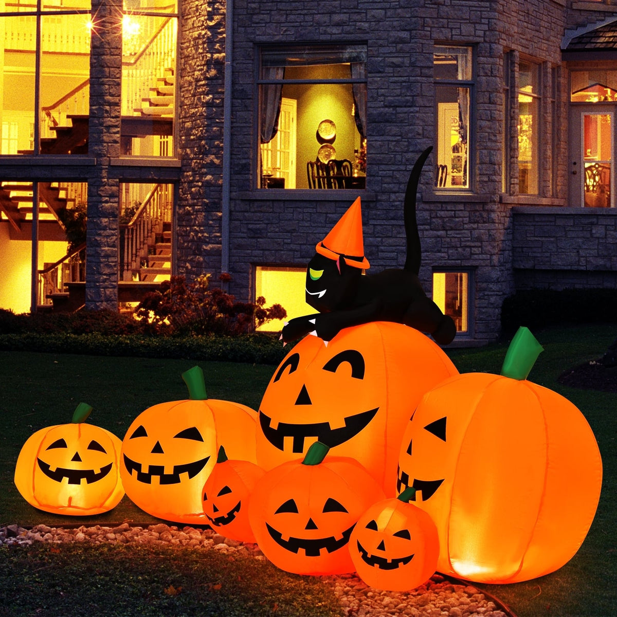7.5ft Halloween Inflatable Pumpkin with Witch Cat and LED Lights-Halloween-DECOROLALA