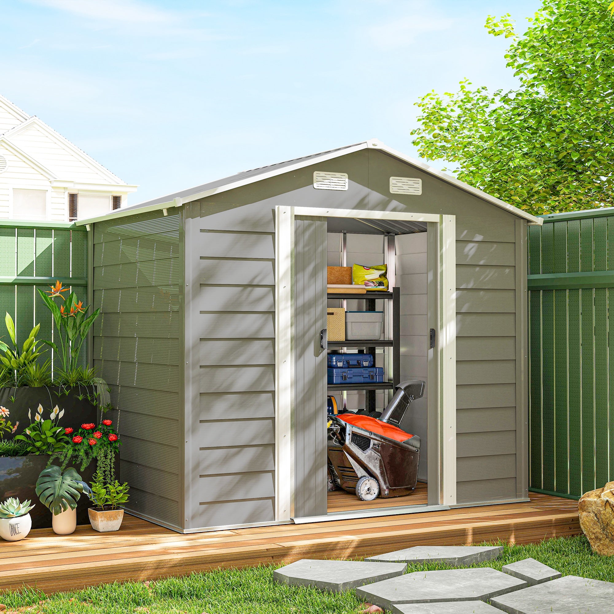 7.7' x 6.5' Metal Garden Shed - Light Grey Galvanized Steel-Patio & Garden > Lawn & Garden > Sheds-DECOROLALA