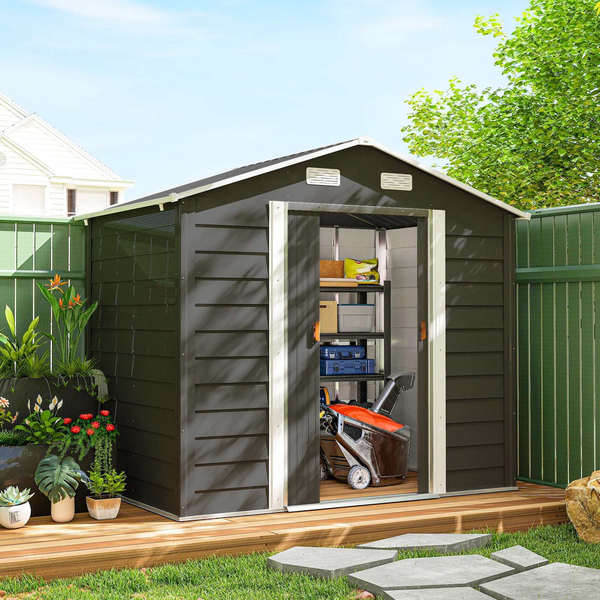 7.7' x 6.5' Outdoor Metal Garden Shed - Dark Grey-Patio & Garden > Lawn & Garden > Sheds-DECOROLALA