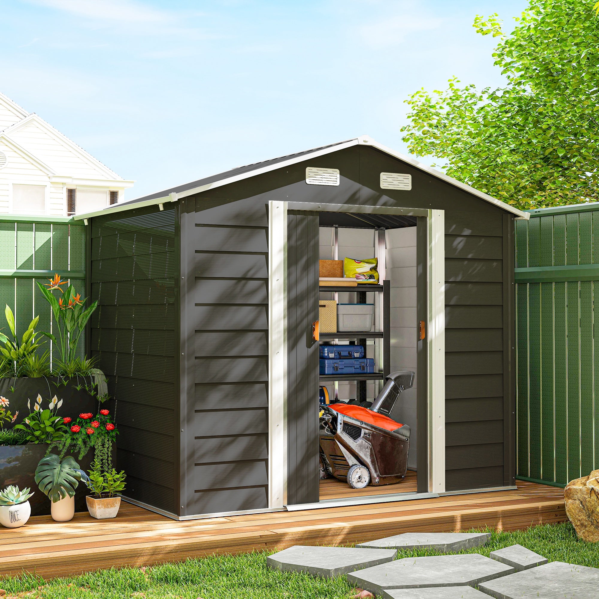 7.7' x 6.5' Outdoor Metal Garden Shed - Dark Grey-Patio & Garden > Lawn & Garden > Sheds-DECOROLALA