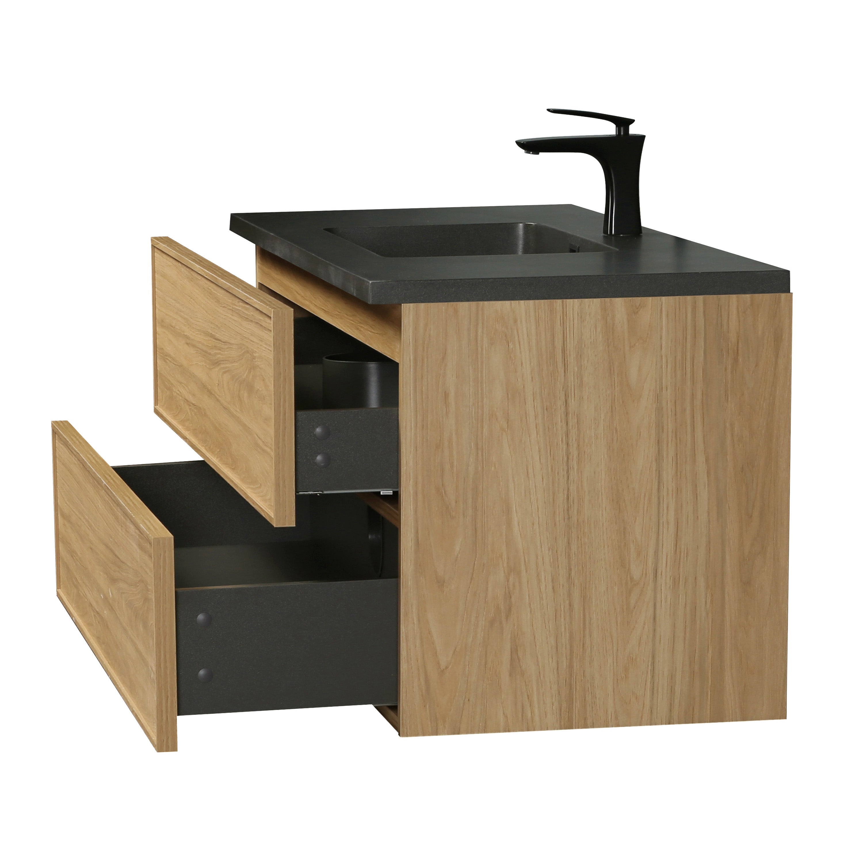 48" Sunset Walnut Wall Mount Bathroom Vanity with Black Engineered Quartz Countertop