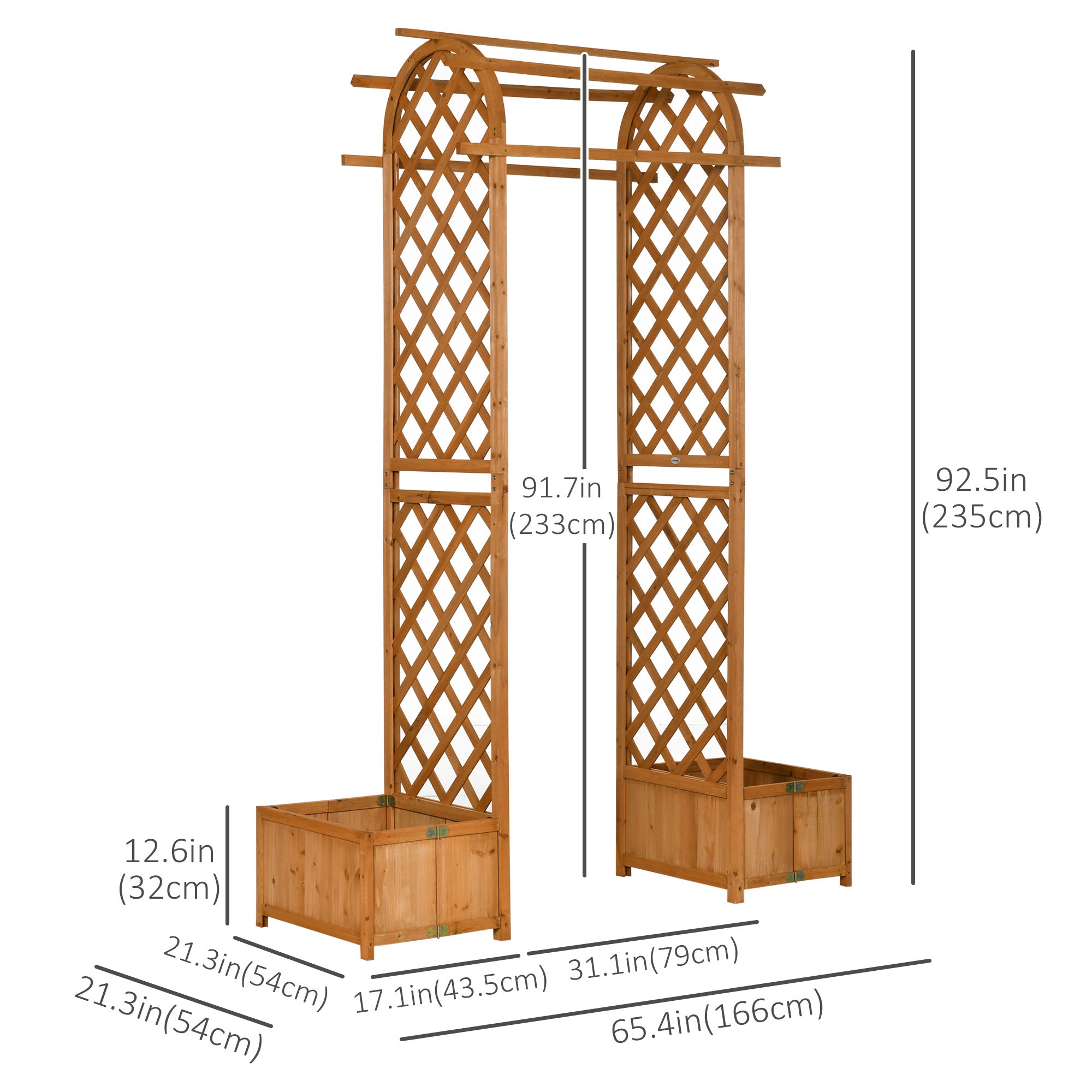 7.7FT Wooden Garden Arch with Foldable Planter Boxes - Brown-DECOROLALA