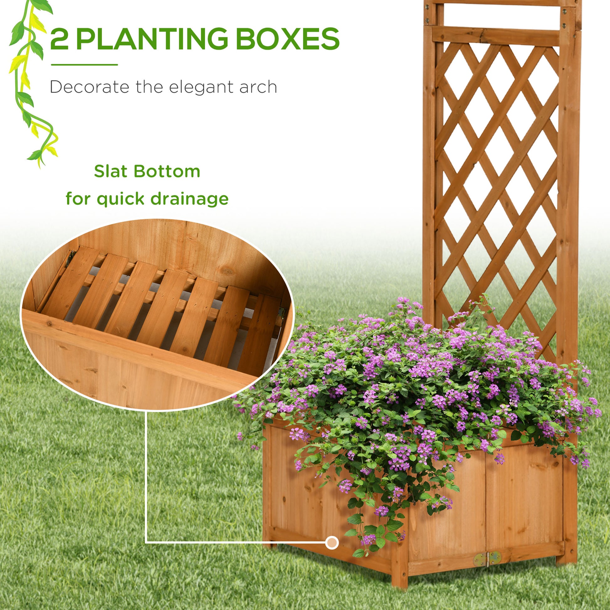 7.7FT Wooden Garden Arch with Foldable Planter Boxes - Brown-DECOROLALA